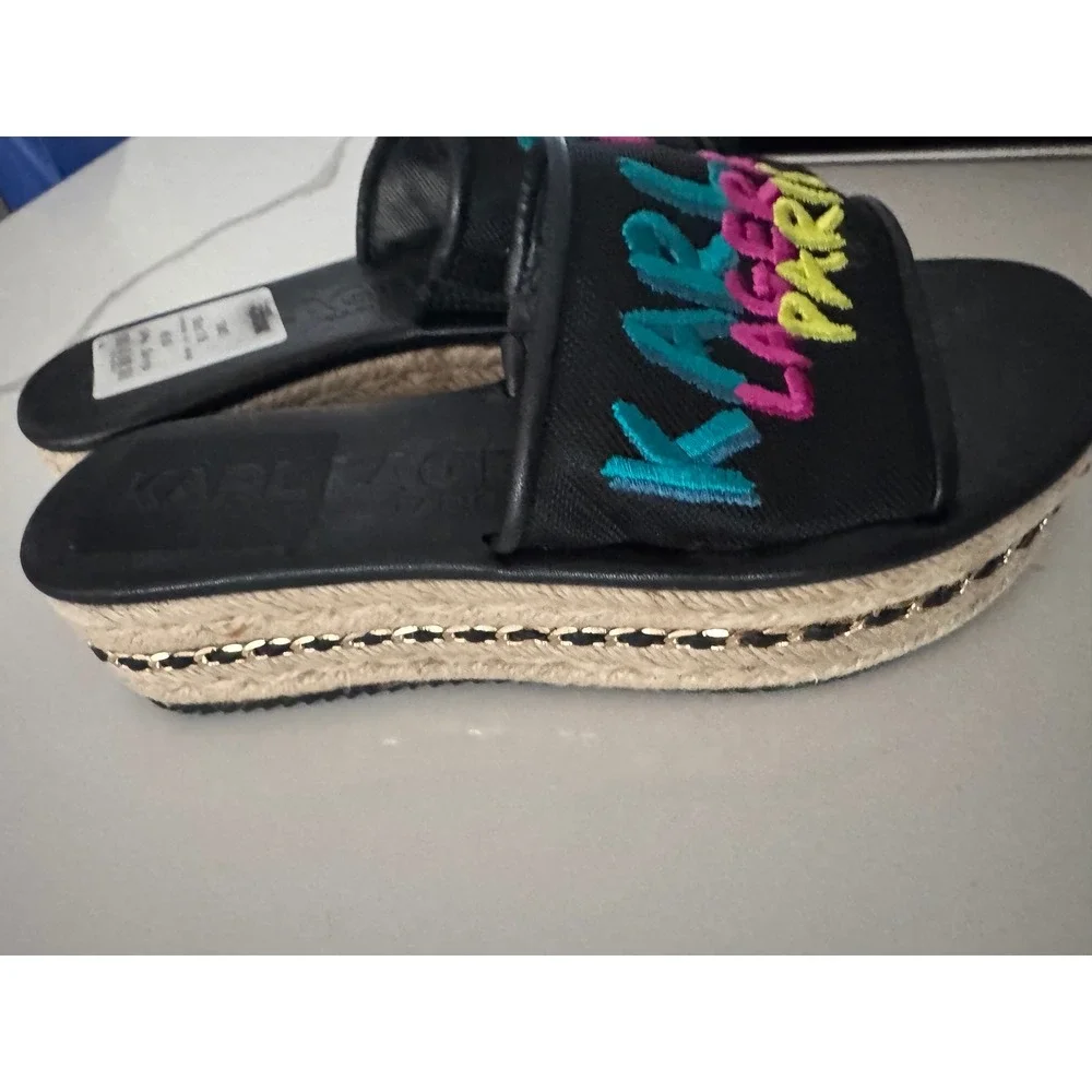 Karl Lagerfeld Paris Womens Logo Espadrille Slide Sandals Black Multi Size 7.5
